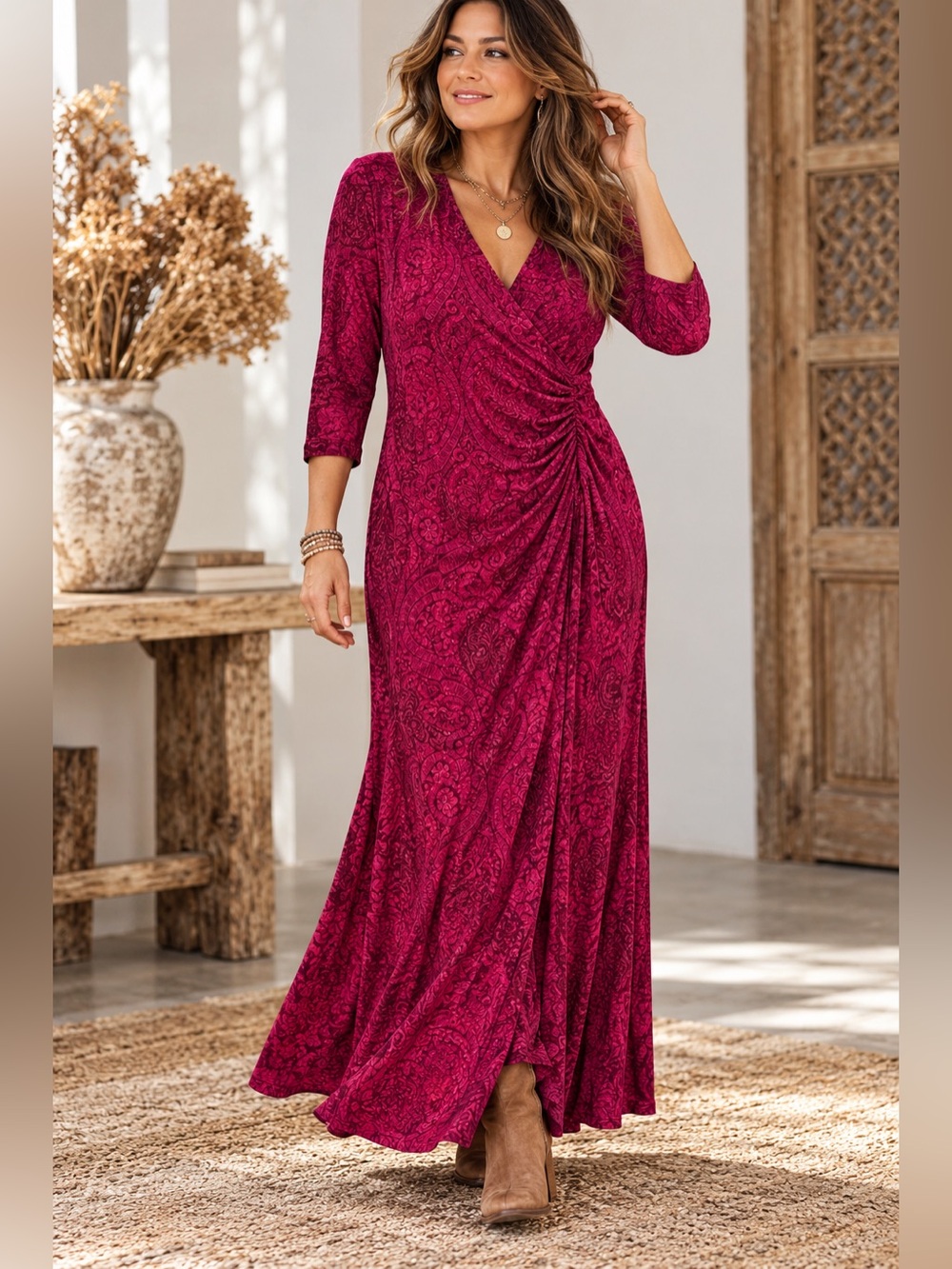 Soft Surroundings PXL Magenta Paisley Faux Wrap Maxi Dress Ruched Stretch